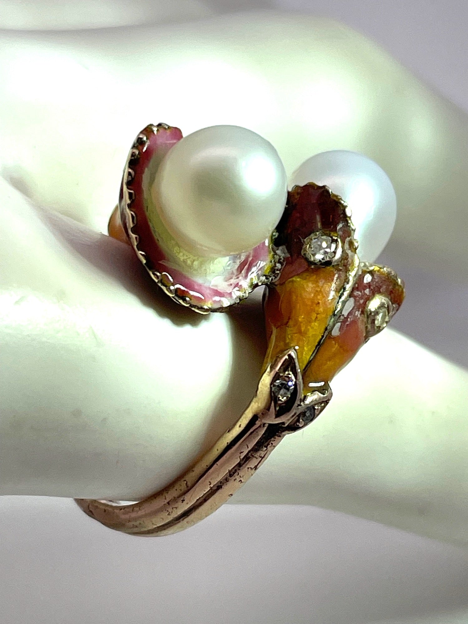 Antique Enamel Pearl Ring 14K