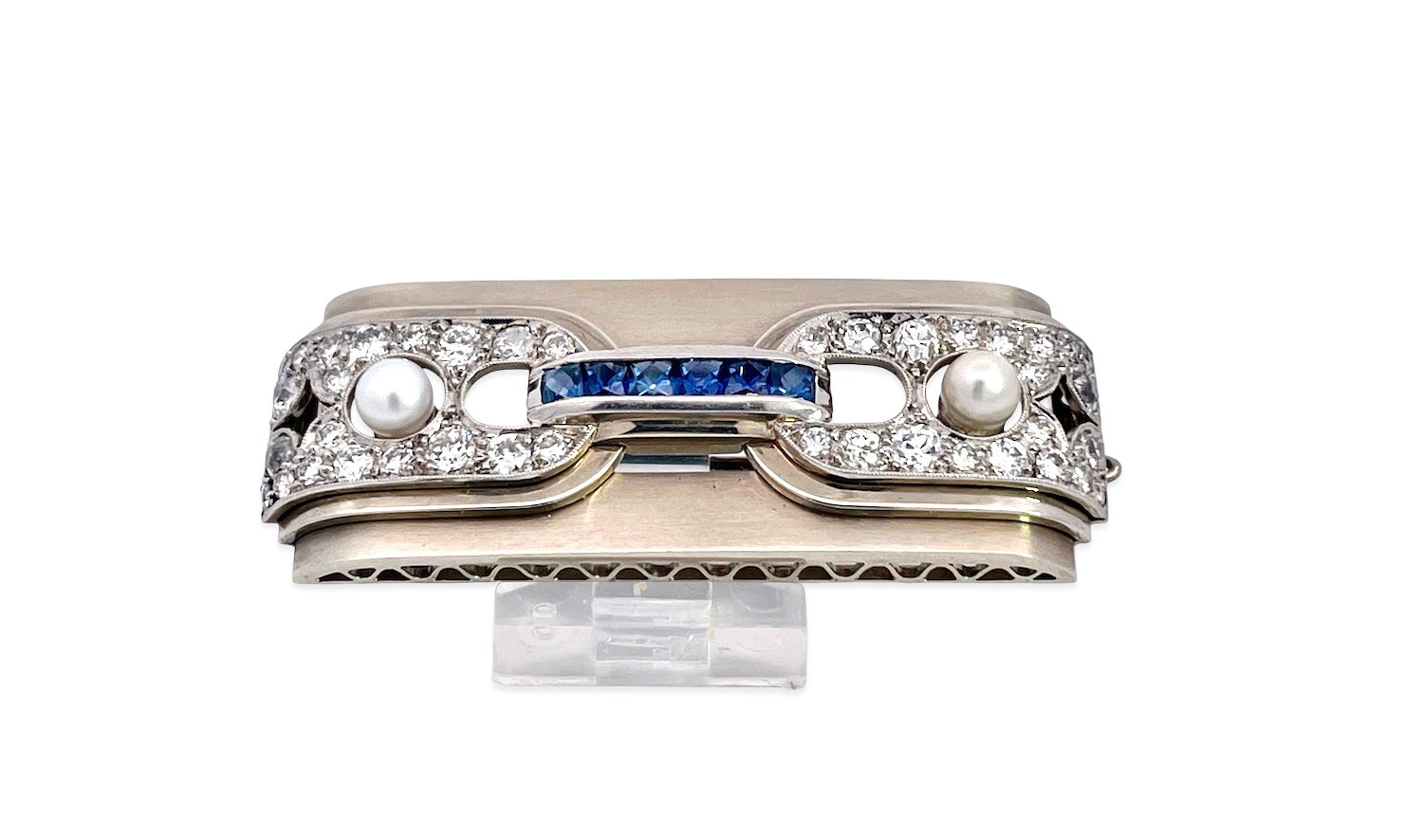 Sapphire and pearl bar brooch