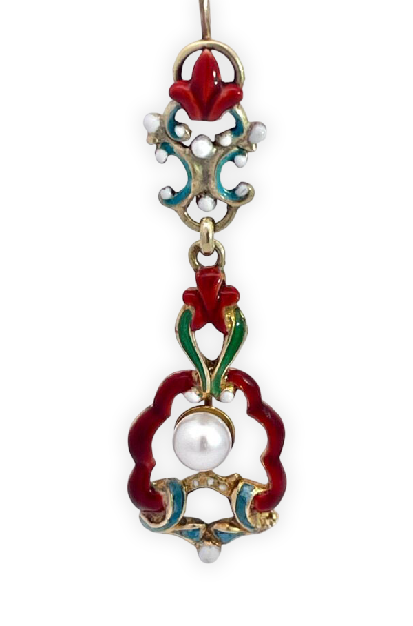 Art Deco Style Enamel and Pearl Drop Earrings