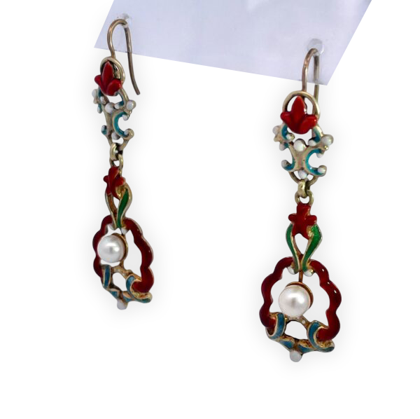 Rare 1930s Pearl and Enamel Earrings with Red Fleur Accents