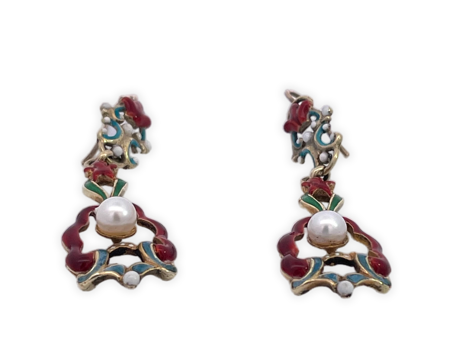 Antique Enamel Earrings with Baby and Medium Pearls