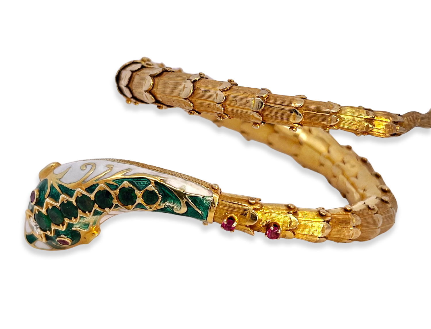 White Green Enamel Snake Bangle in 14K Gold