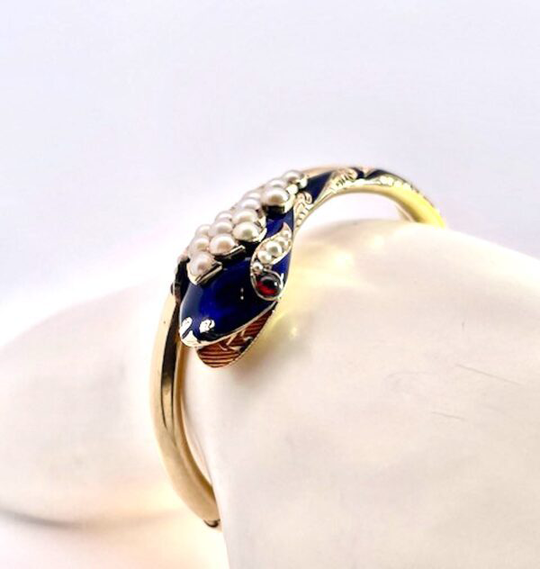 14K Gold Snake Bracelet with Ruby Cabochons