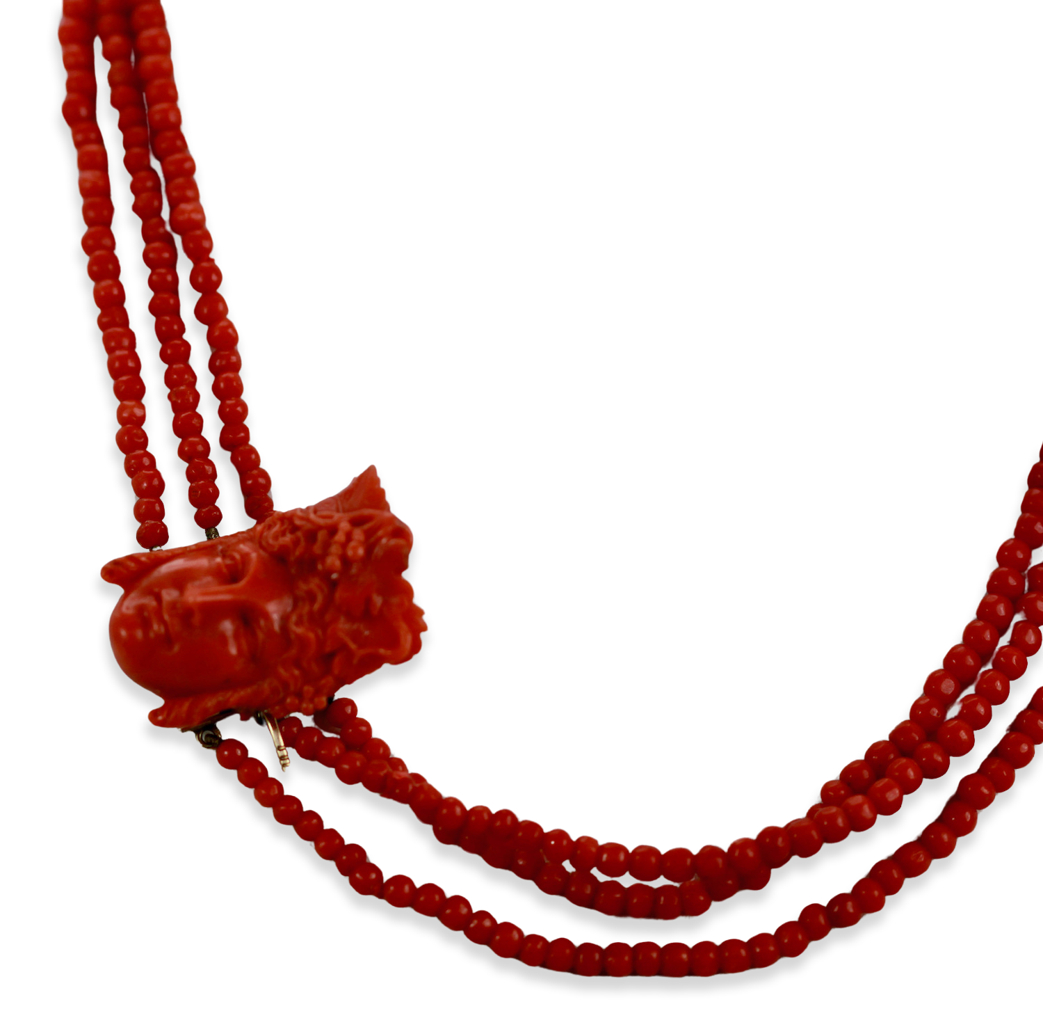 Antique 14K Coral Necklace with Carved Bacchus face