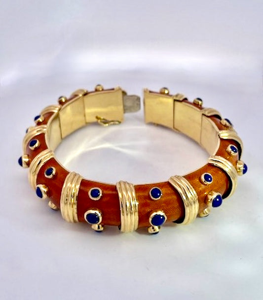 18K Guilloche Enamel Bracelet w/ Lapis lazuli inserts
