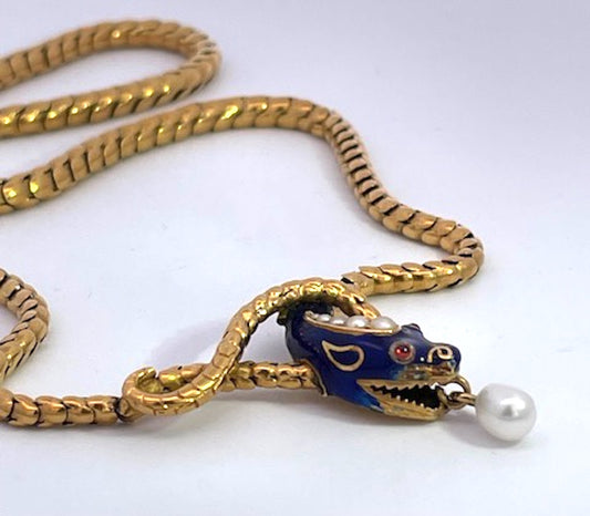 Snake Necklace 15K Yellow Gold Cobalt Blue Enamel 17"