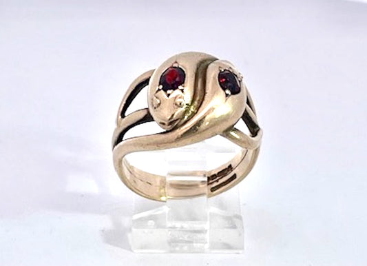 14K Yellow Gold Double Snake ring with Garnets