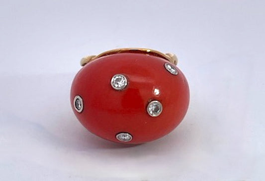 Coral Dome Ring with Diamonds 14K
