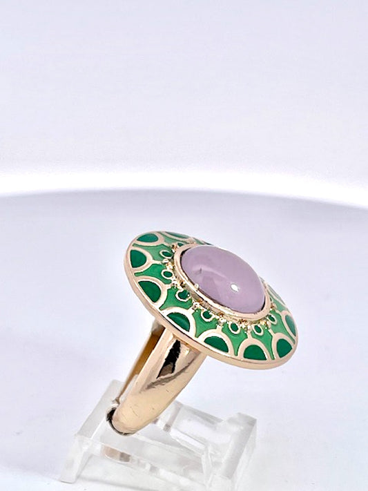 Egyptian Deco style enamel ring with Lavender Jade 14K