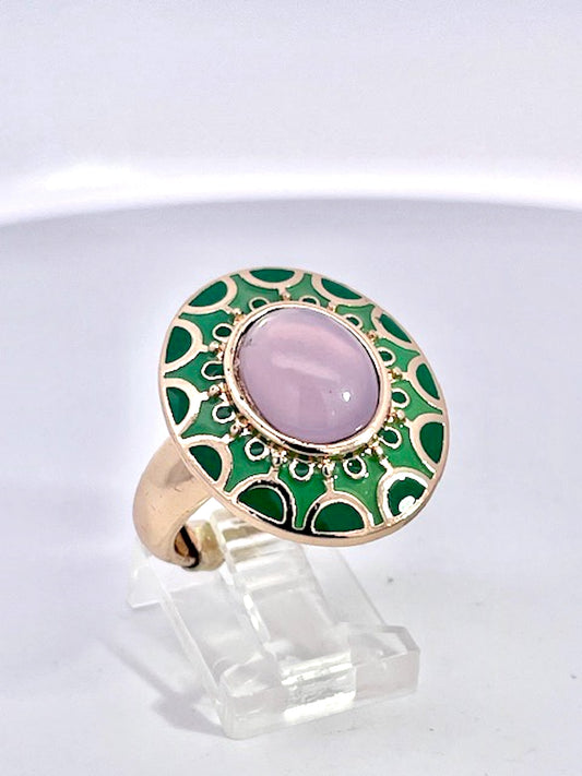Egyptian Deco style enamel ring with Lavender Jade 14K