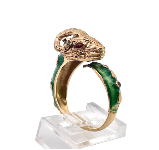Enamel Ram Ring with Rubies 14 & 18K Yellow Gold