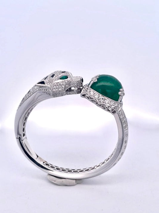 Emerald Diamond Onyx Panthere Bracelet with Large Cabochon Emerald 29.78 cts