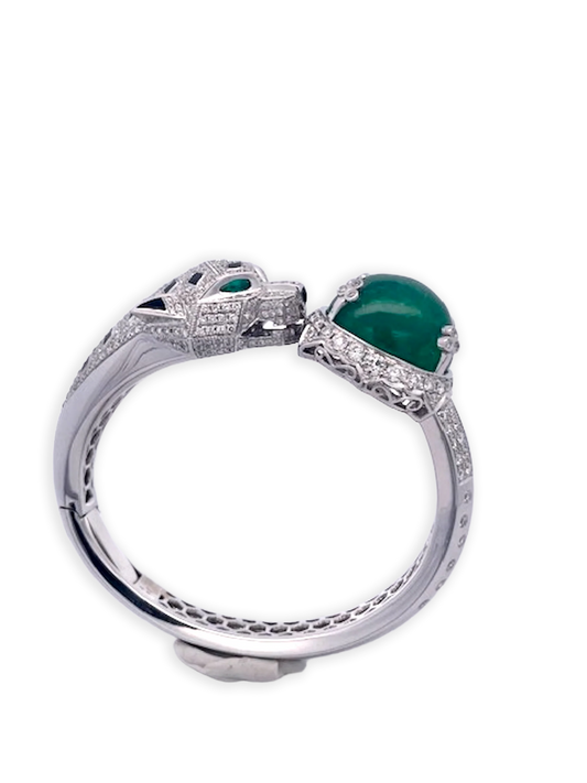 Emerald Diamond Onyx Panthere Bracelet with Large Cabochon Emerald 29.78 cts