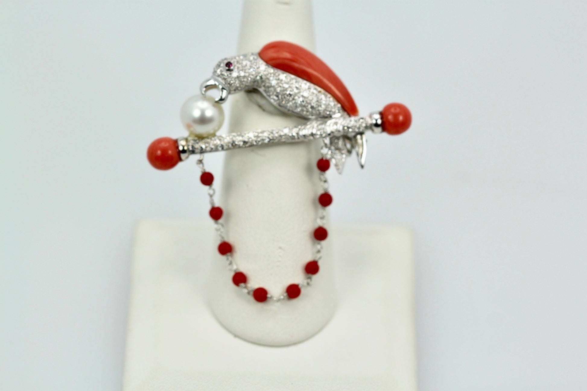 Platinum Diamond Coral Pearl Parrot Brooch
