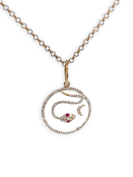 Snake Pendant Diamond Ruby Crescent 14K