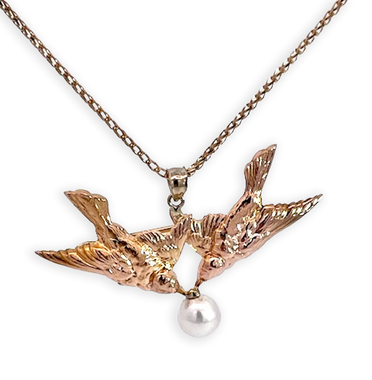 Double Bird Brooch Pendant w/Pearl 14K