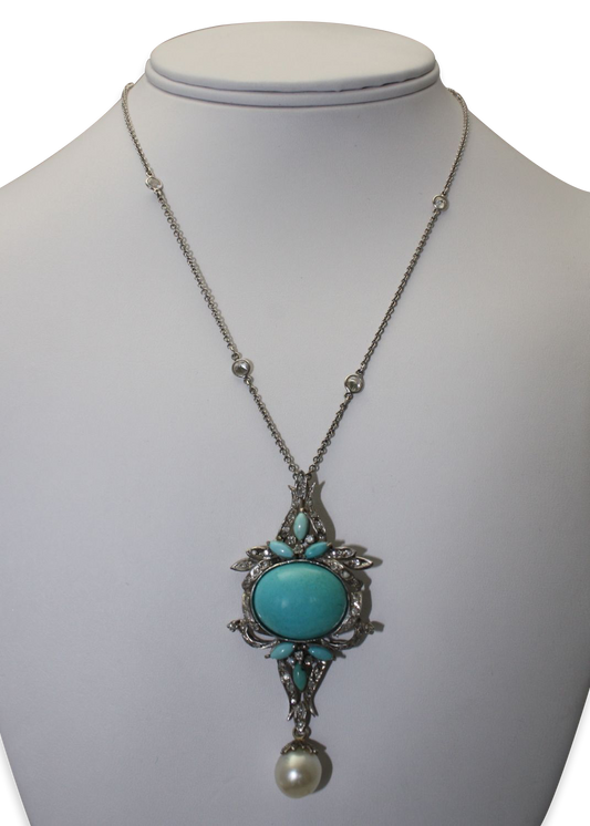 Persian Turquoise Pendant In Palladium With South Sea Pearl