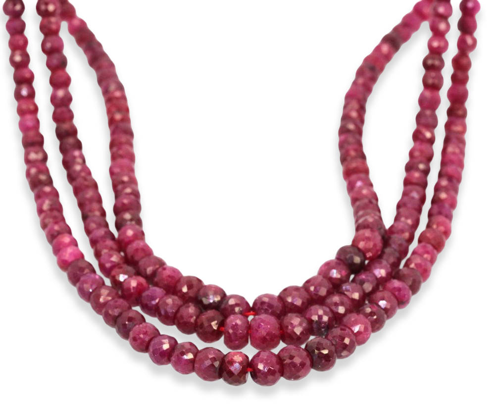 Triple Strand Ruby Bead Necklace With Diamonds