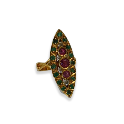 Deco Ruby Emerald & Diamond Pagoda Ring In 18K