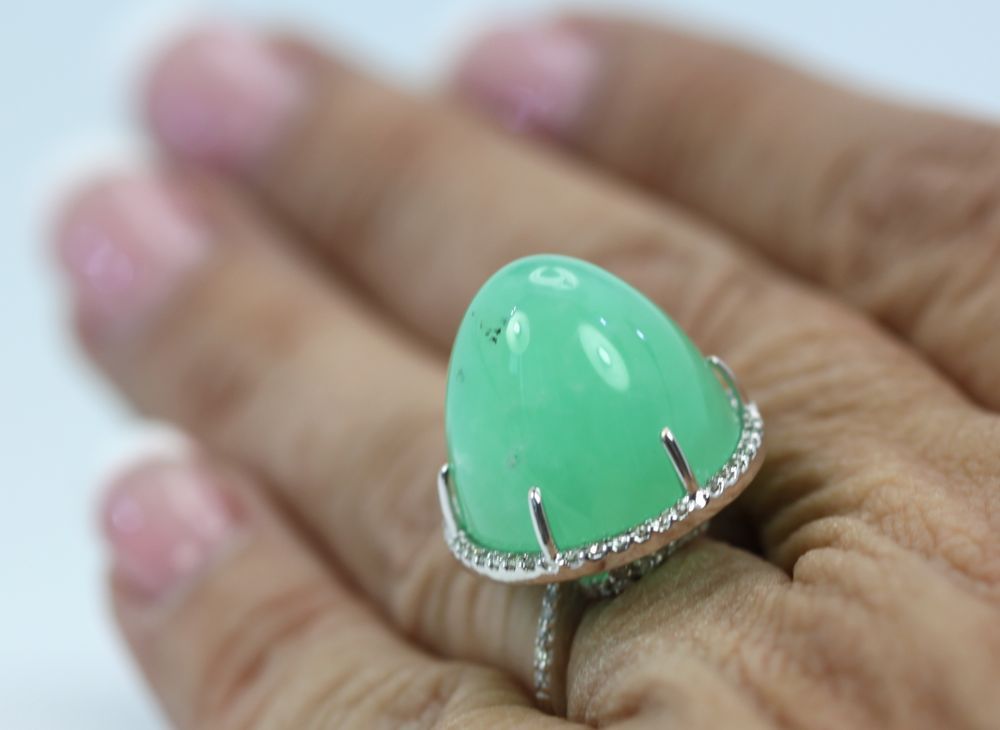 Chrysoprase Bullet Ring With Diamond Surround