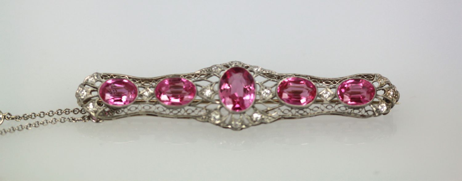 Pink Sapphire And Platinum Deco Brooch With Diamonds