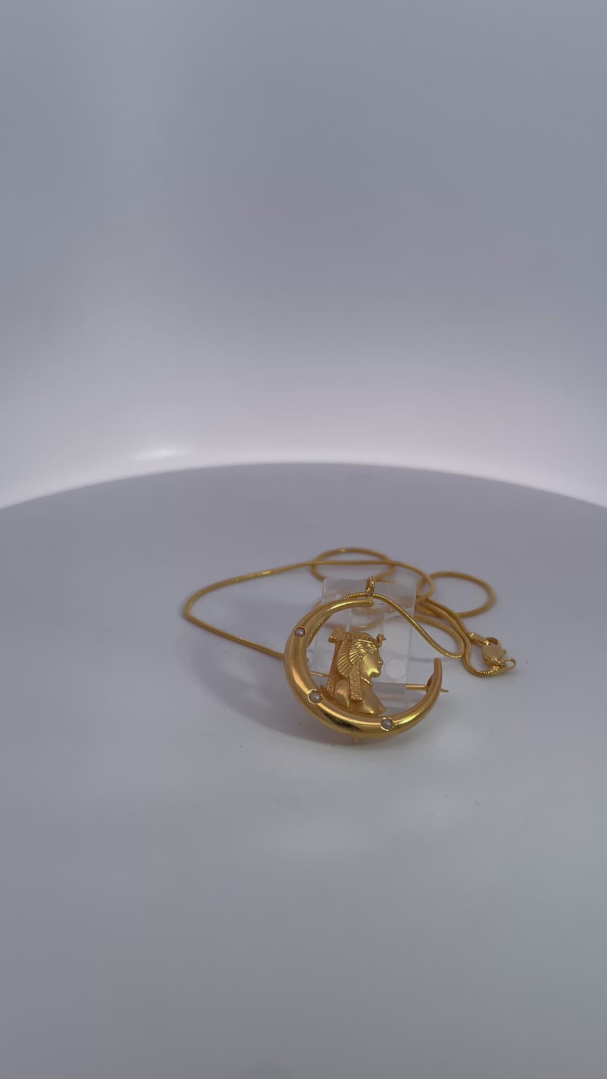 Egyptian Revival Pharoah on Crescent Moon 14K