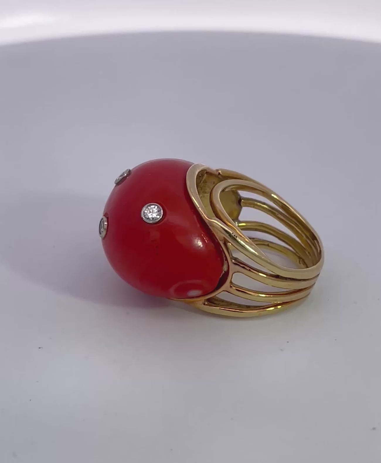Coral Dome Ring with Diamonds 14K
