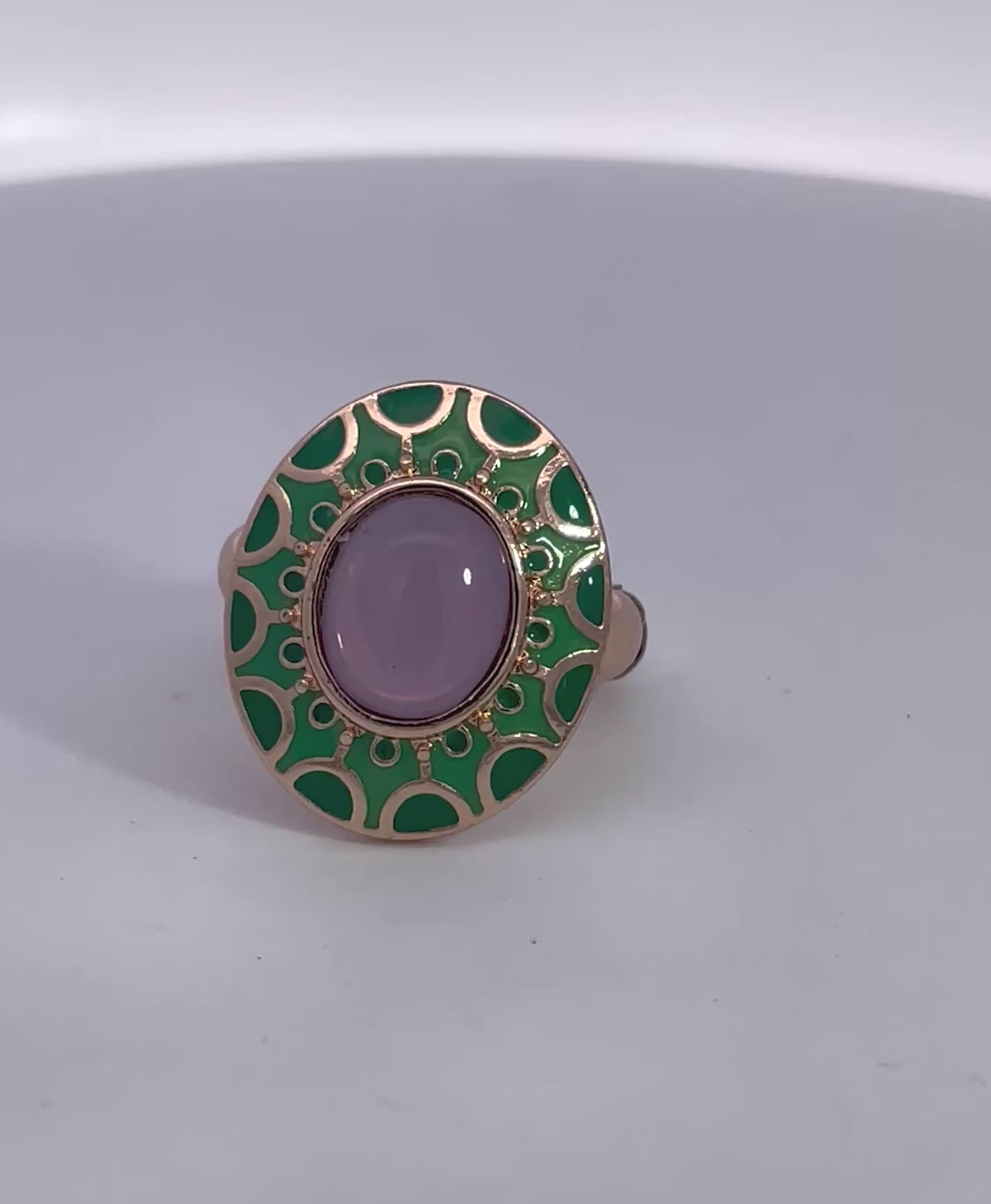 Egyptian Deco style enamel ring with Lavender Jade 14K