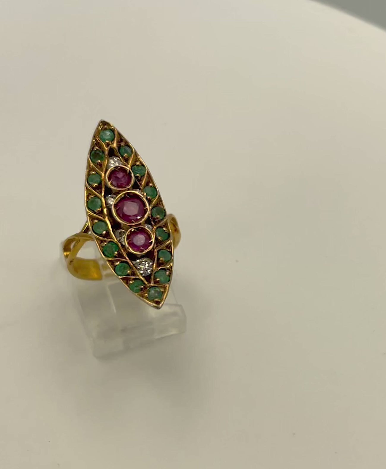 Deco Ruby Emerald & Diamond Pagoda Ring In 18K