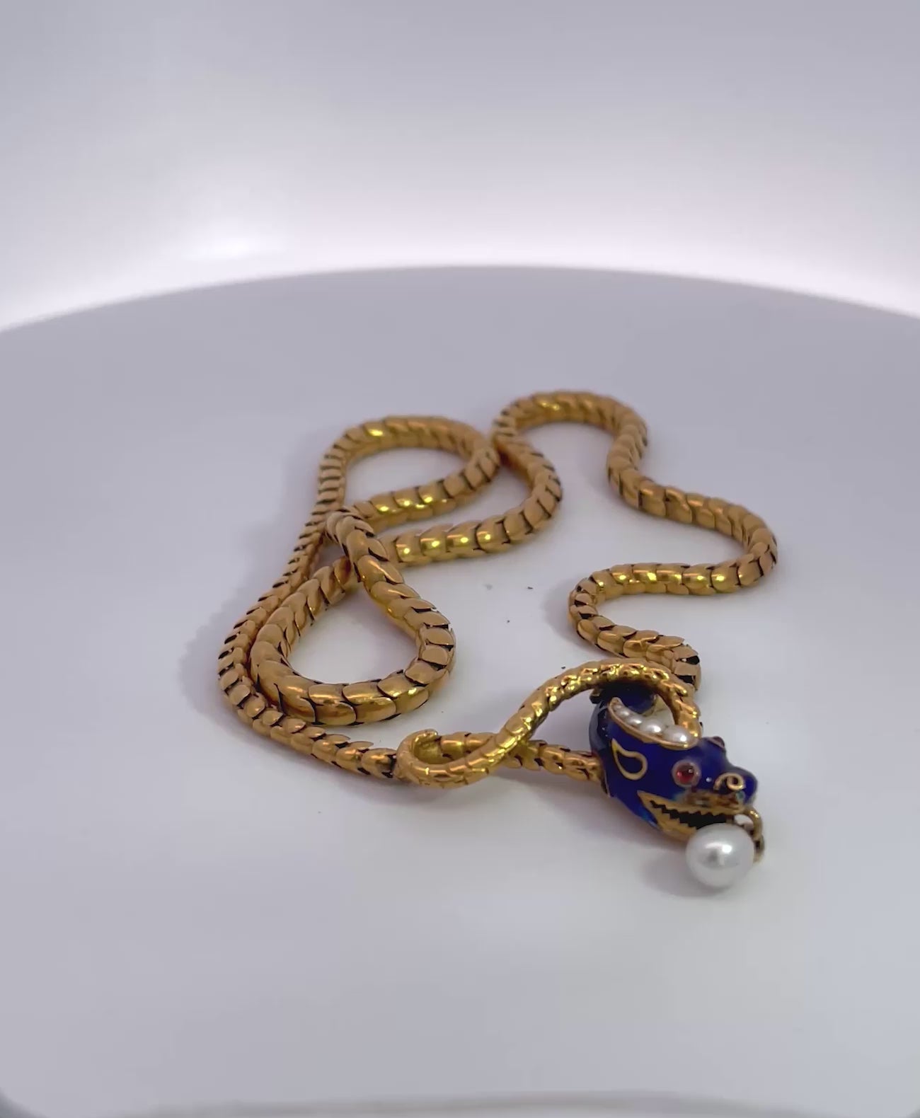 Snake Necklace 15K Yellow Gold Cobalt Blue Enamel 17"