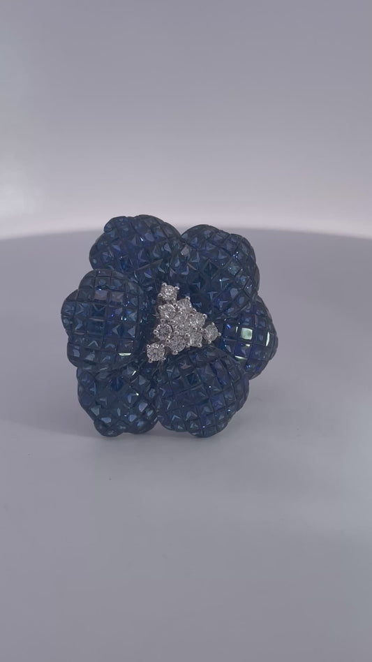 Huge Sapphire Diamond Flower Ring 18K