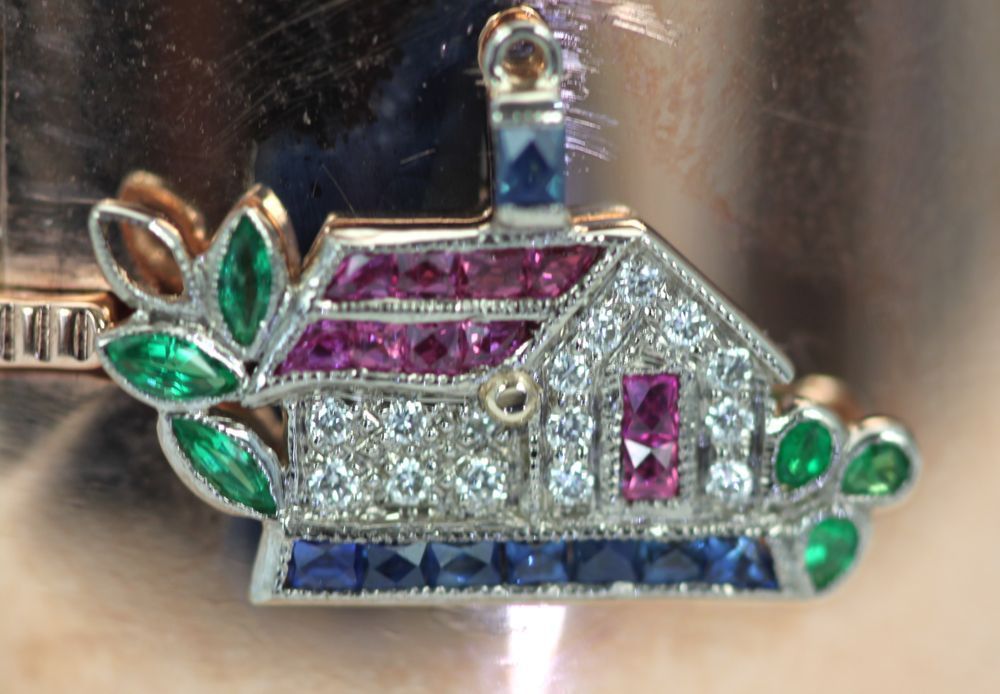 1940’S Wide Bangle Bracelet With Deco Platinum Charms – house detail