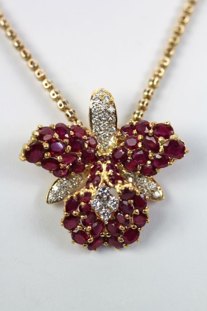 Ruby & Diamond Orchid Pin / Necklace – with chain