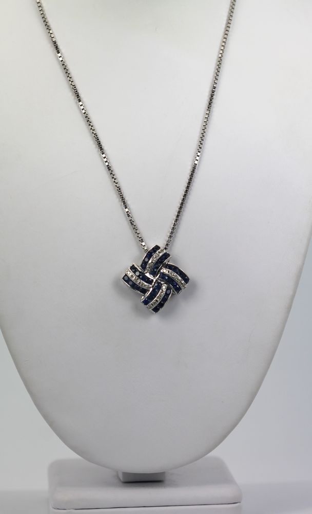 Diamond & Sapphire Geometric Necklace – on model wide