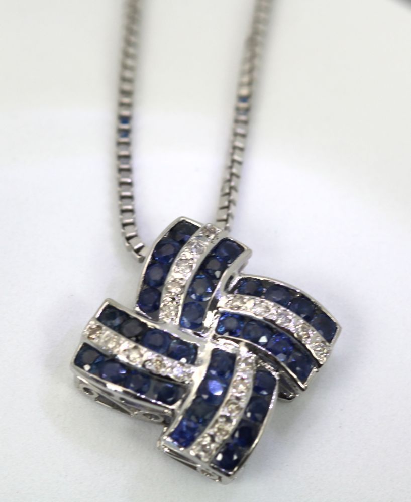 Diamond & Sapphire Geometric Necklace – close up