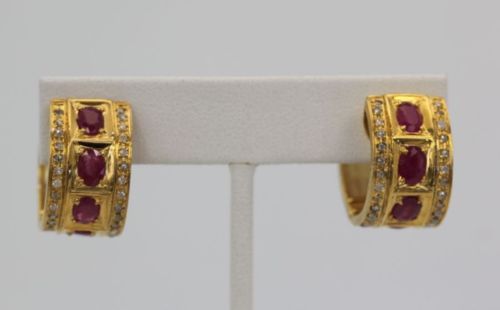 Gold Ruby & Diamond Moghul Earrings – set on stand