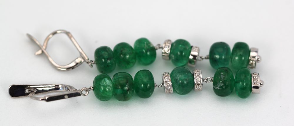Emerald Bead & Diamond Drop Earrings – close up