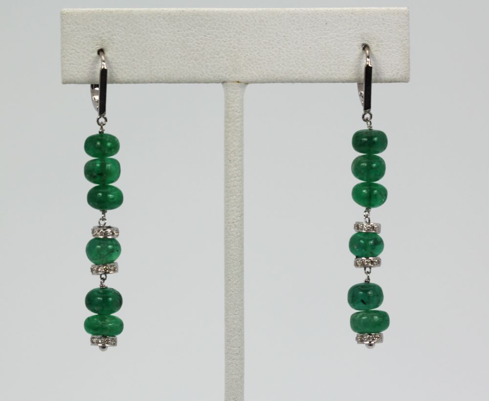 Emerald Bead & Diamond Drop Earrings – on stand