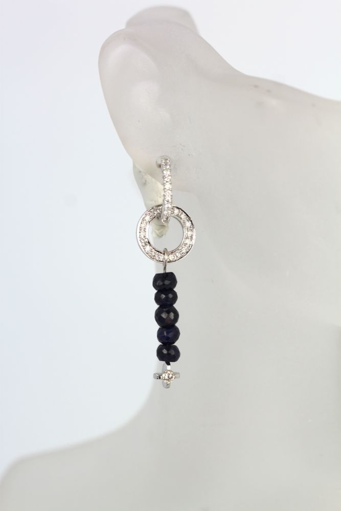 Sapphire Bead Diamond Dangle Earrings – single on model 2