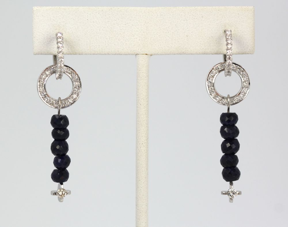Sapphire Bead & Diamond Dangle Earrings – set on stand