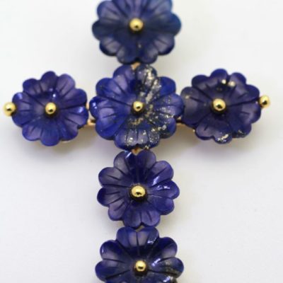 Vintage Lapis Lazuli Flower Cross Pendant On Lapis Bead Necklace - pendant