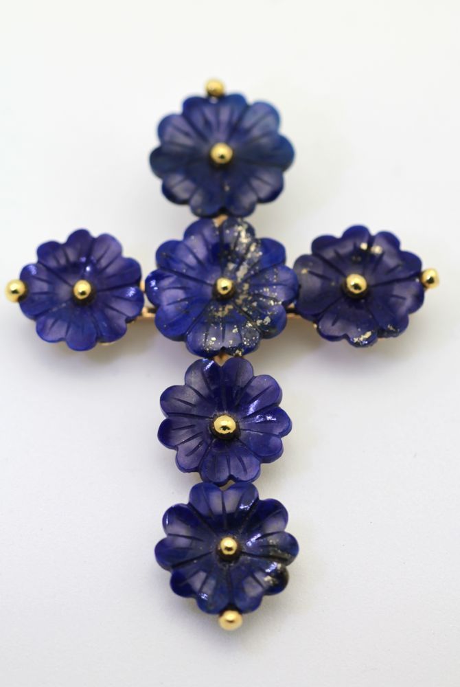 Vintage Lapis Lazuli Flower Cross Pendant On Lapis Bead Necklace – pendant