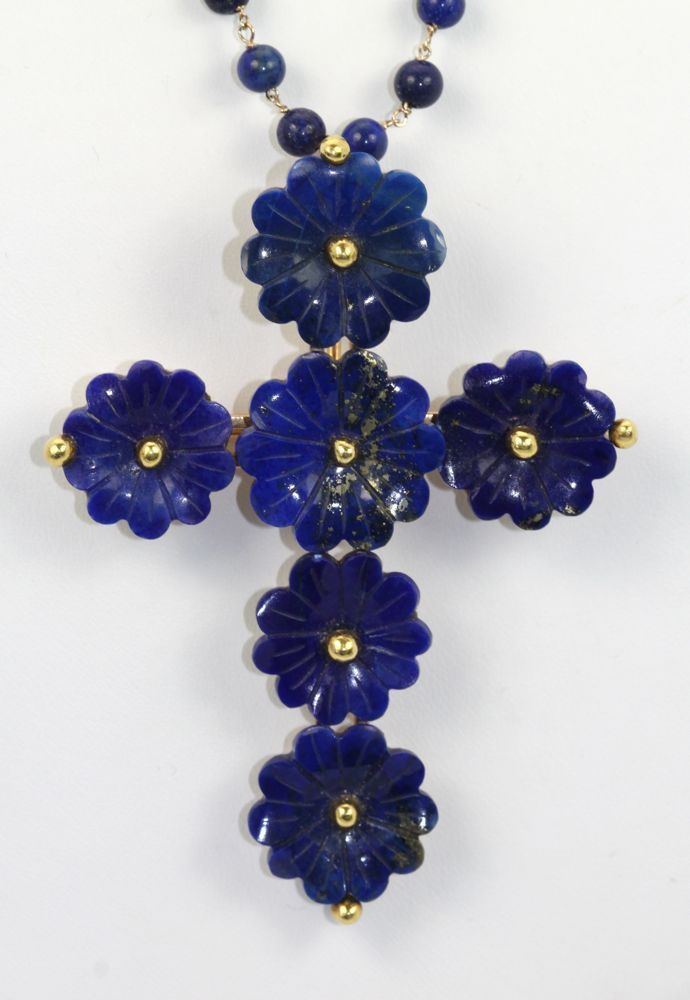 Vintage Lapis Lazuli Flower Cross Pendant On Lapis Bead Necklace – pendant #2