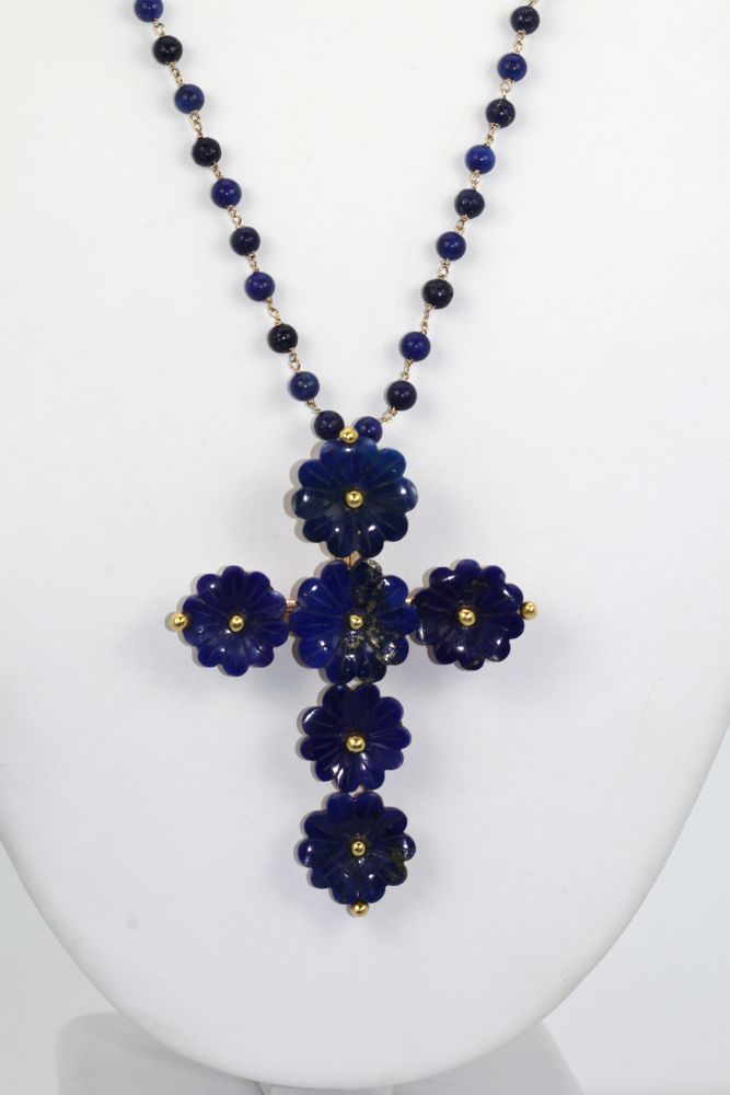 Vintage Lapis Lazuli Flower Cross Pendant On Lapis Bead Necklace - model