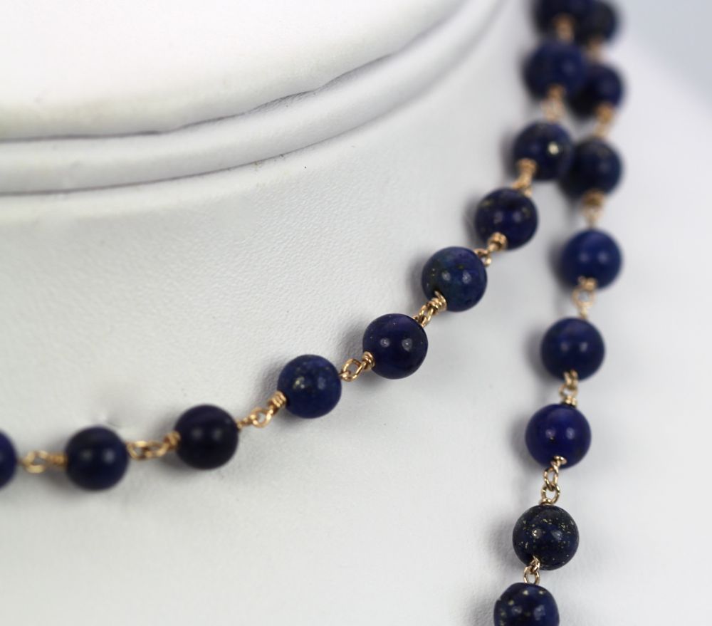 Vintage Lapis Lazuli Flower Cross Pendant On Lapis Bead Necklace – bead detail