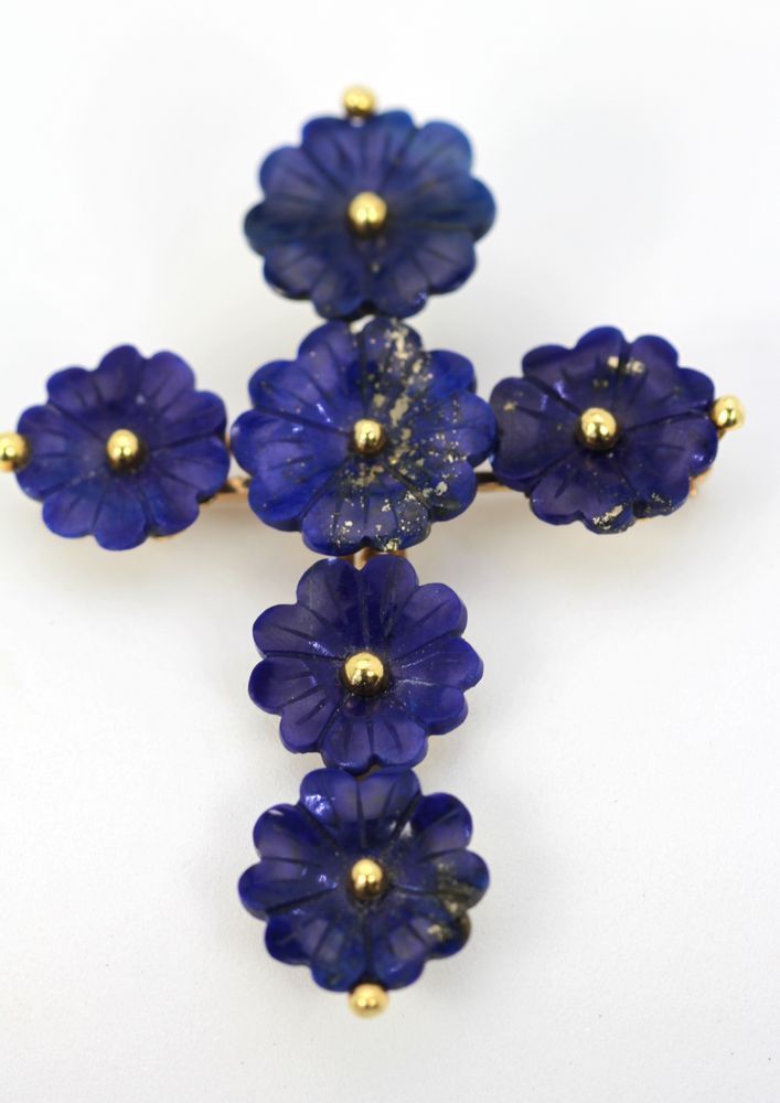 Vintage Lapis Lazuli Flower Cross Pendant On Lapis Bead Necklace – cross