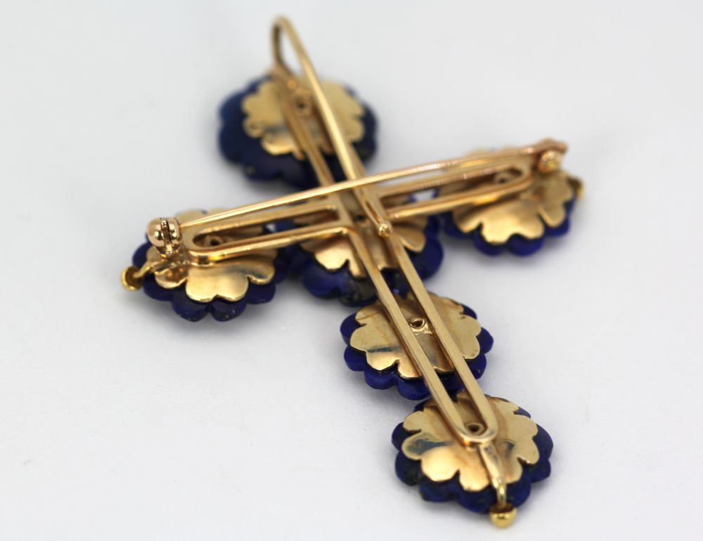 Vintage Lapis Lazuli Flower Cross Pendant On Lapis Bead Necklace – cross back