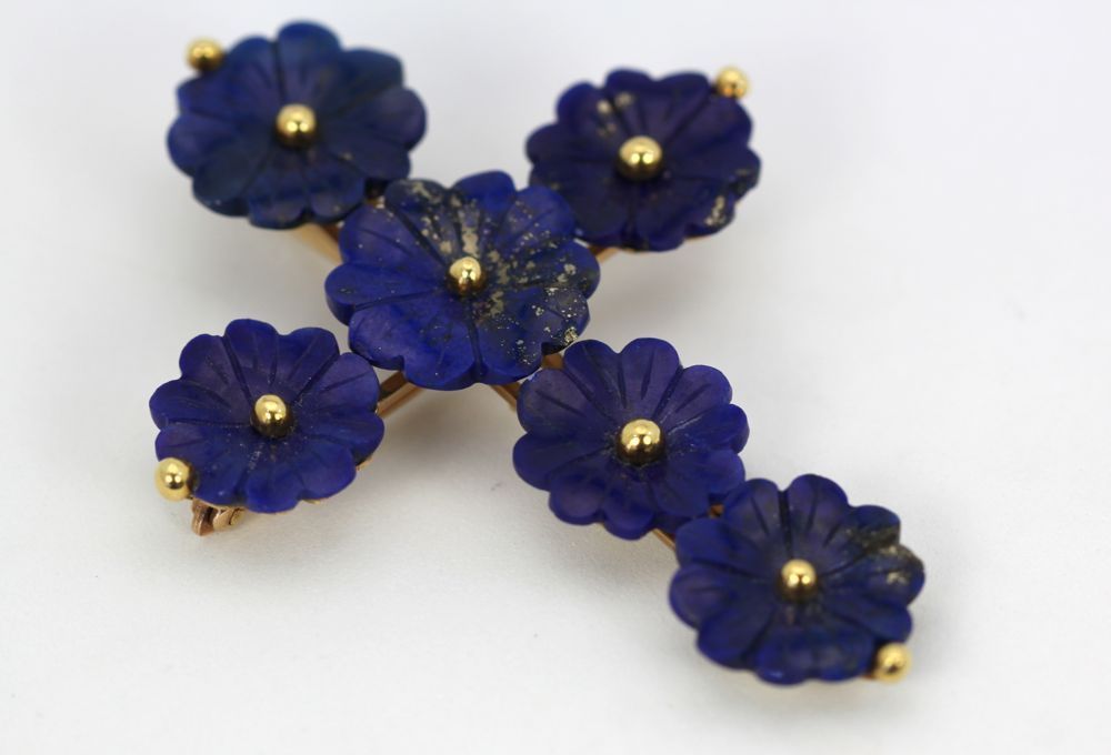 Vintage Lapis Lazuli Flower Cross Pendant On Lapis Bead Necklace – pendant angle