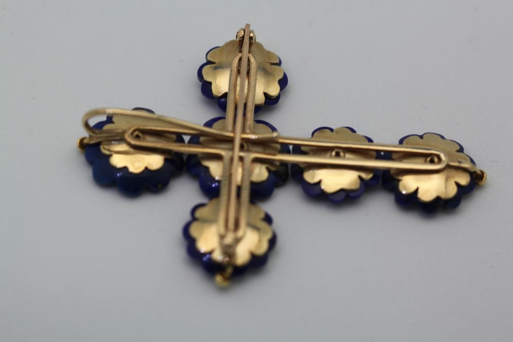 Vintage Lapis Lazuli Flower Cross Pendant On Lapis Bead Necklace – pendant back #2