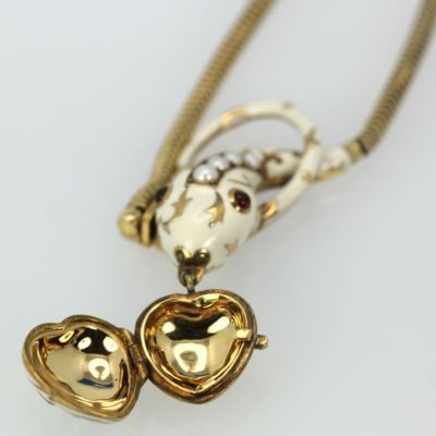 Vintage White Enamel Snake 18K Necklace - open heart